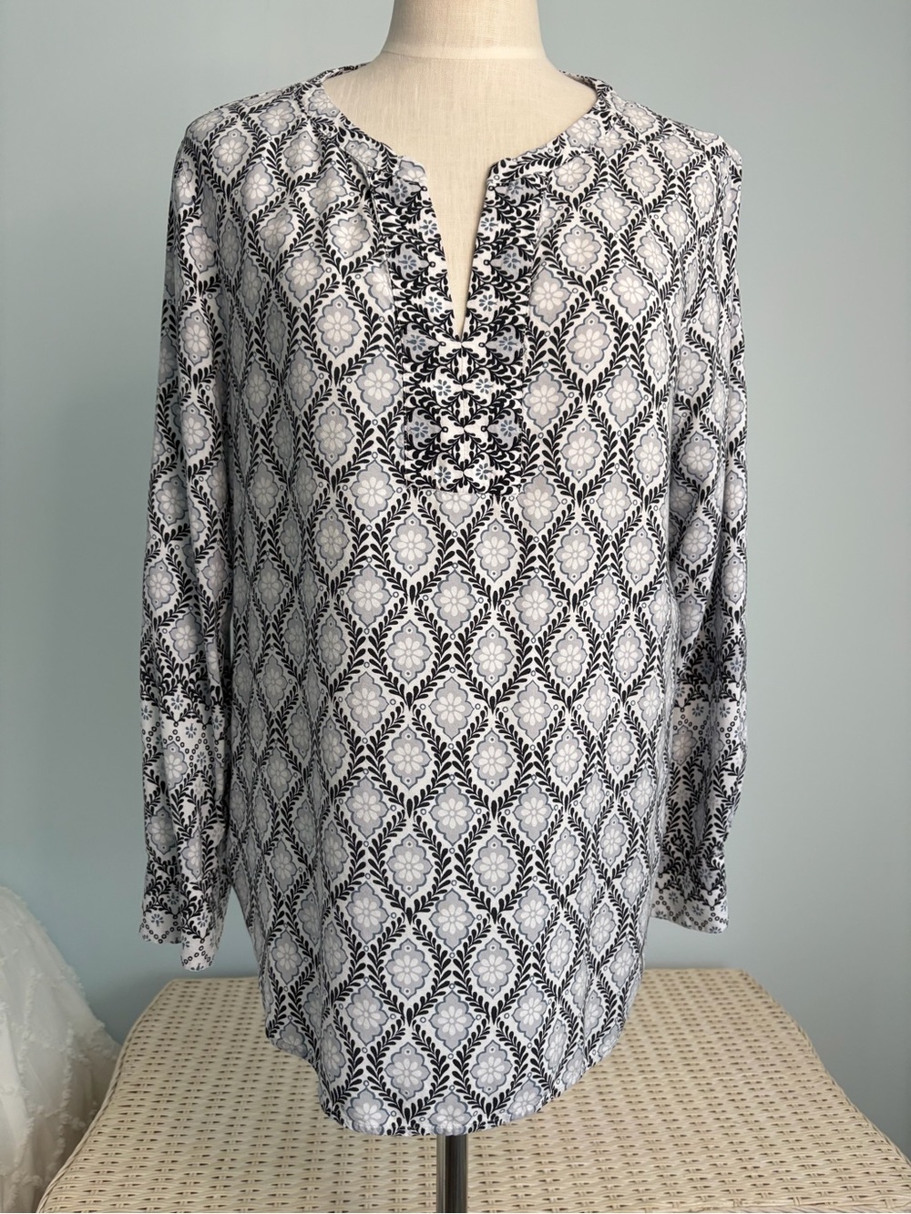 LOFT Black, blue, and Light Gray Floral Medallion Blouse